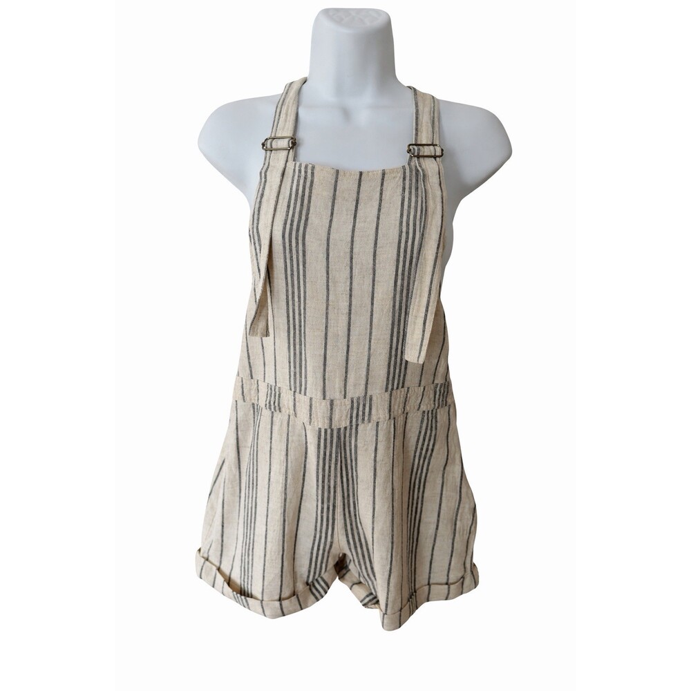 Bershka Striped Linen Blend Romper Size S Beige Black Adjustable Straps Summer